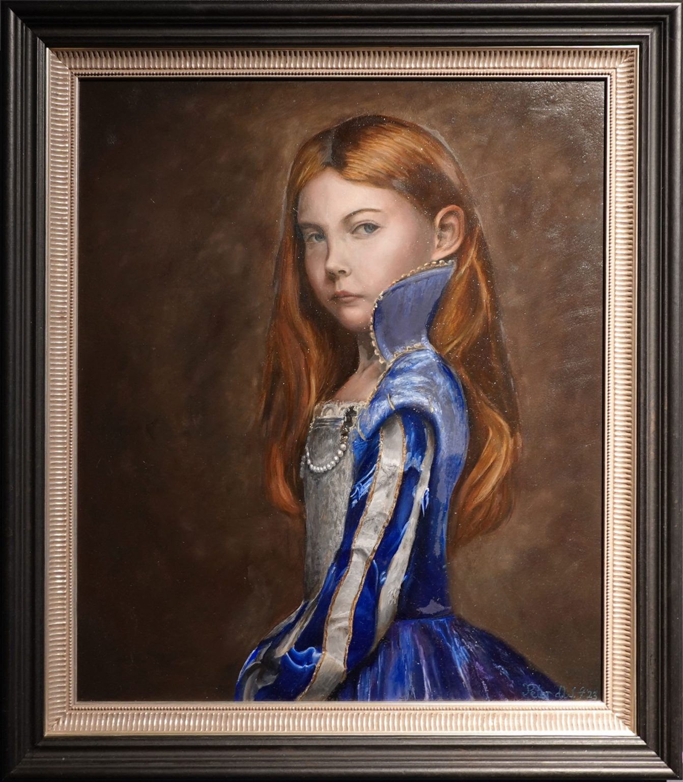 Meisje in blauwe jurk: olieverf 42x50