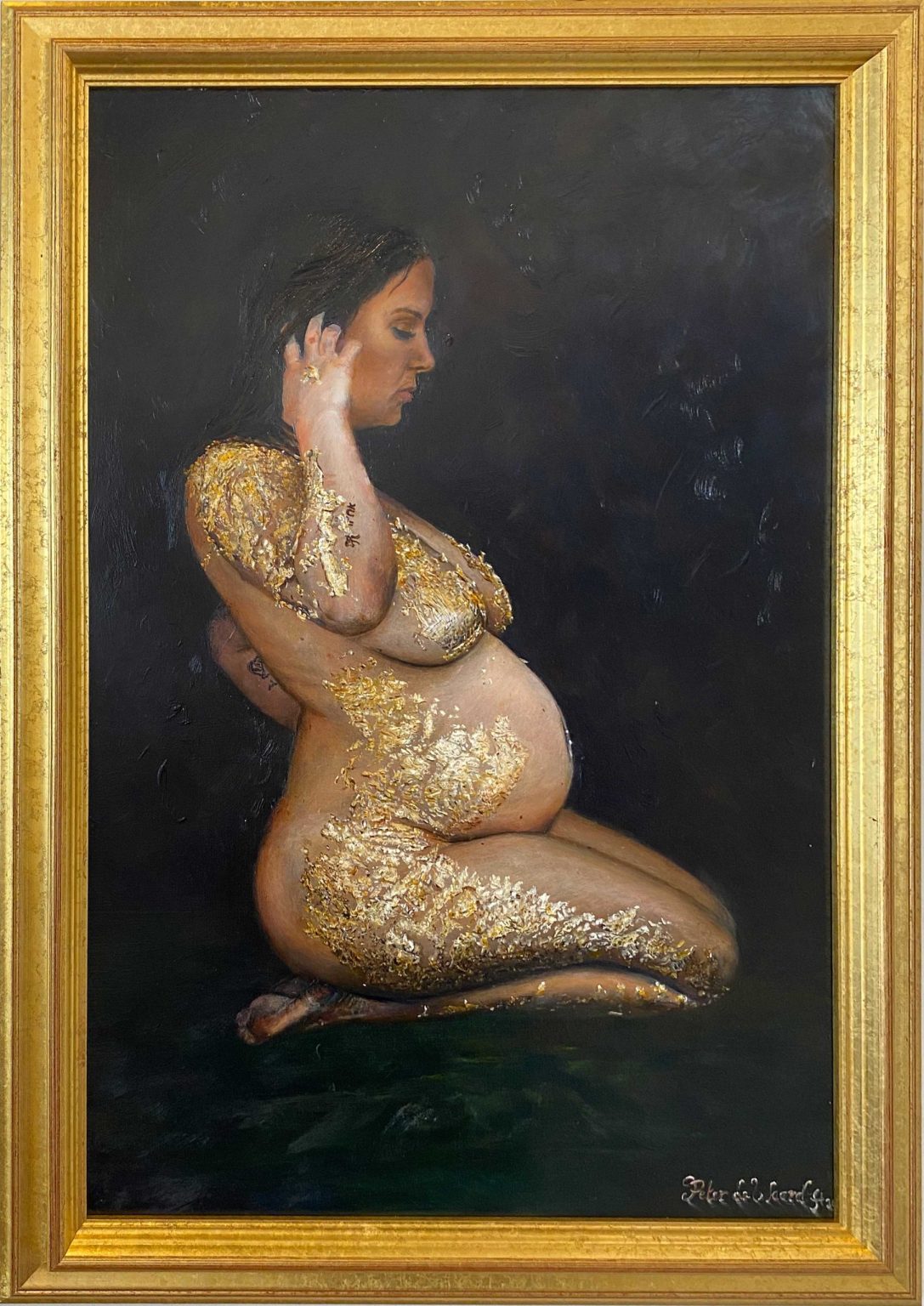 Zwanger Goud: olieverf op paneel 40×60 Ode aan nieuw leven en het gouden spirituele era